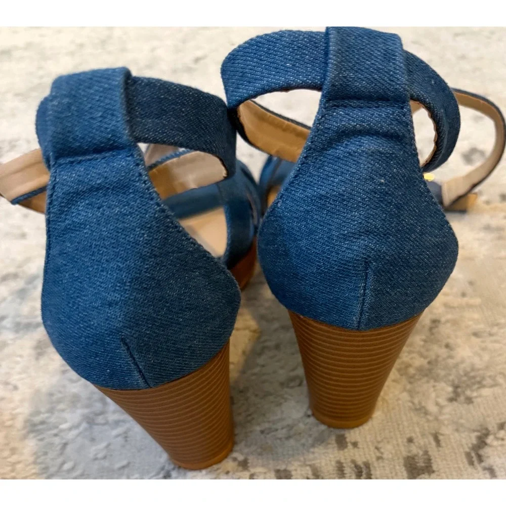 Sugar Denim Strappy Wedge Sandals Blue Open Toe Wood Grain Heel 9.5M 44581657